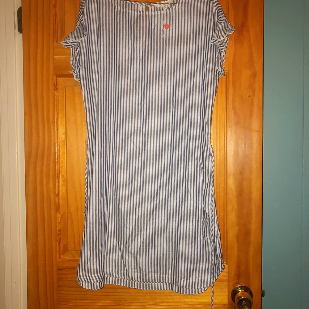 Striped blue & white dress. Has a tie in back.